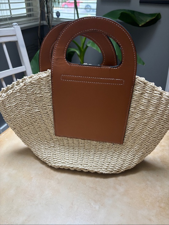 Handbags - Woven Straw Tote with Tan Handles